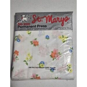 Vintage St Marys FULL FLAT sheet Small Flowers Floral Pink Yellow NOS Muslin